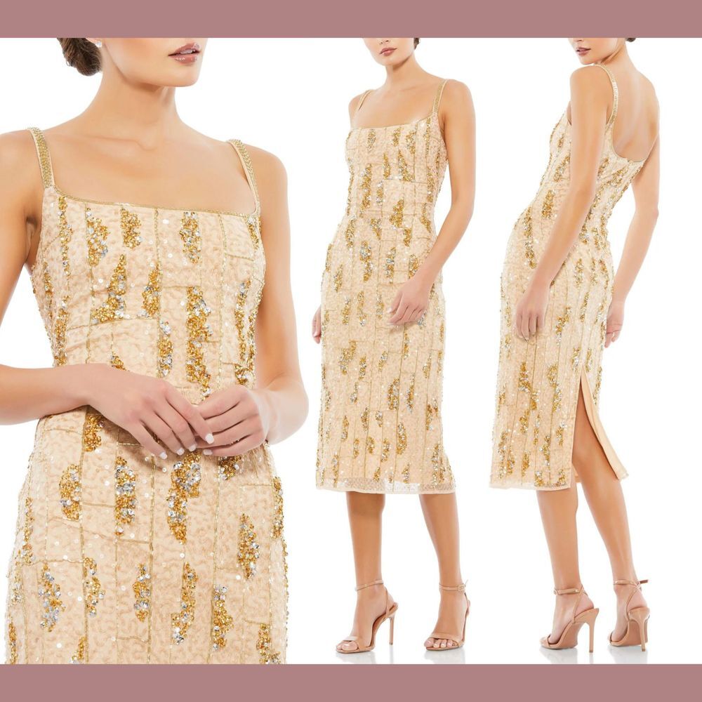 NWT $398 Mac Duggal [ 4 ] Beaded Spaghetti Strap Midi Slip Dress Nude Gold G1773